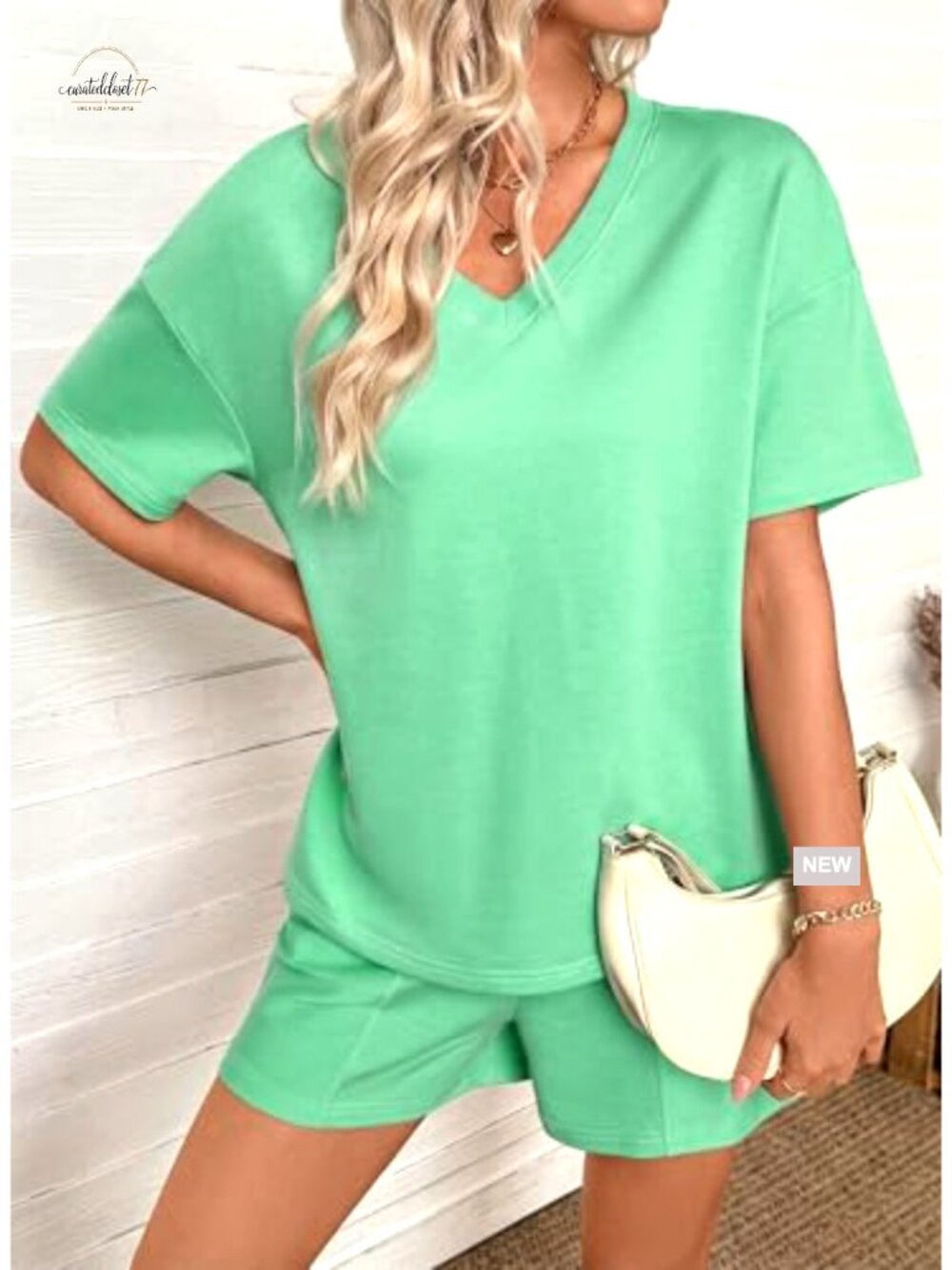 Women's V-Neck Short Sleeve Tee and Drawstring Shorts Set with Pockets - Picture 5 of 7